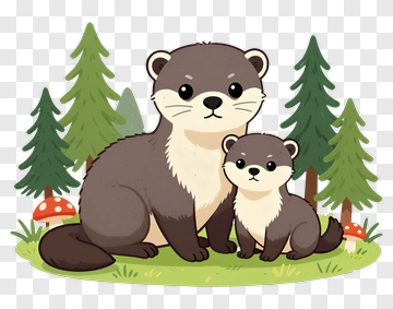 Cartoon Otters In A Forest Scene PNG