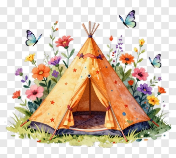 Colorful Tent Surrounded By Flowers And Butterflies PNG