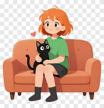 Girl Sitting On Couch With Black Cat PNG