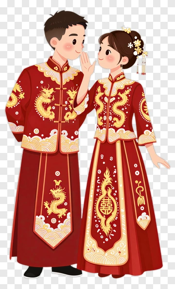 Chinese Couple In Traditional Red Wedding Attire PNG