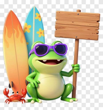 Cartoon Frog Holding A Sign With Surfboards And Crab PNG