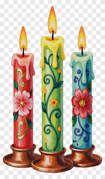 Colorful Decorative Candles With Floral Designs PNG