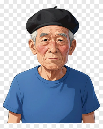 Elderly Man In Blue Shirt And Beret PNG