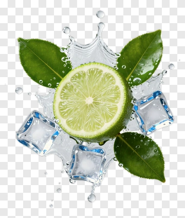 Lime Slice Surrounded By Ice Cubes And Leaves PNG