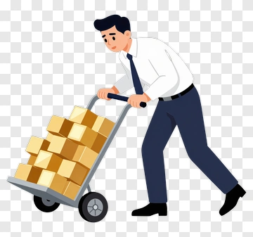 Businessman Pushing A Hand Truck With Boxes PNG
