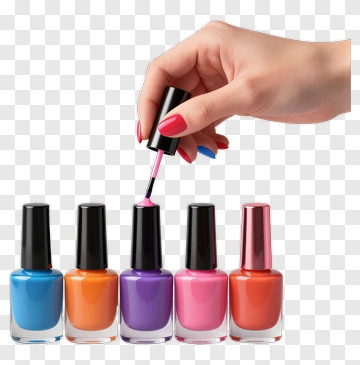 Hand Holding Nail Polish Brush Over Colorful Bottles PNG