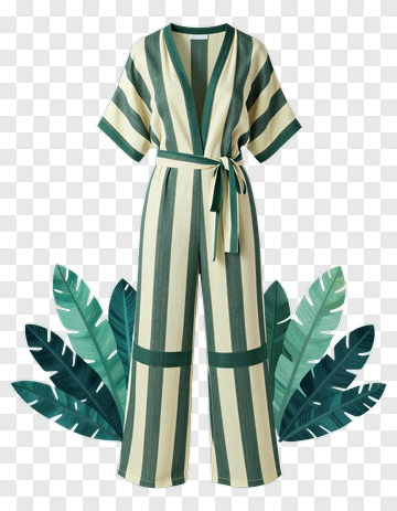 Striped Jumpsuit With Tropical Leaves PNG