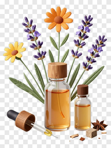 Essential Oil Bottles With Lavender And Daisy Flowers PNG