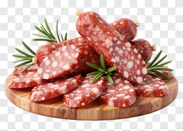 Sliced Salami On A Wooden Platter PNG