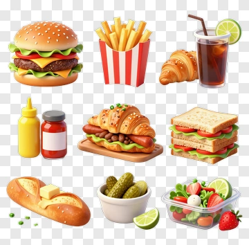 Fast Food Meal With Burgers, Fries, And Drinks PNG