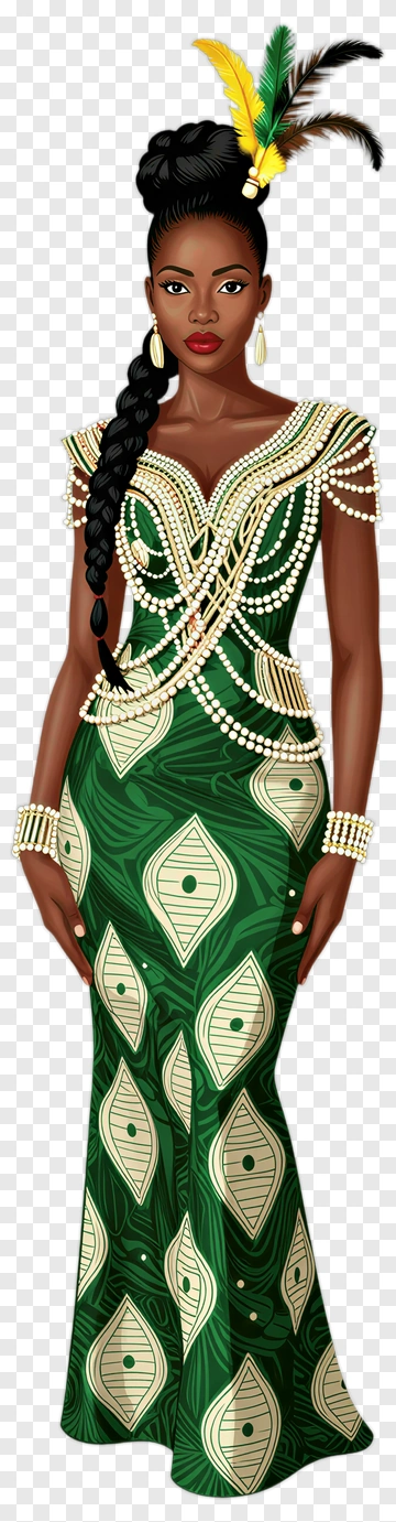 Elegant Woman In Green Dress With Feathered Headpiece PNG