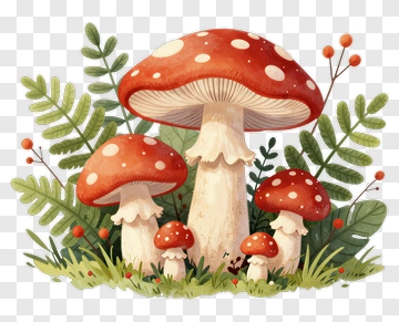 Colorful Mushroom Family In A Forest PNG