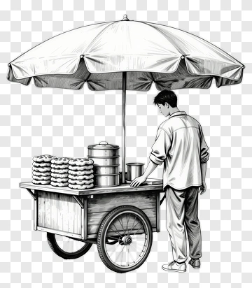 Street Vendor At Food Cart Under Umbrella PNG