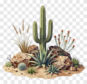 Desert Landscape With Cactus And Rocks PNG