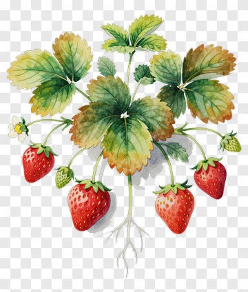 Watercolor Strawberry Plant With Fruits PNG