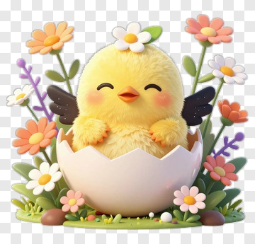 Cartoon Chick Hatching From Egg Surrounded By Flowers PNG