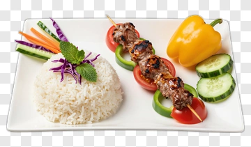 Grilled Meat Skewers With Rice And Vegetables PNG