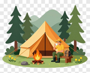 Man Sitting By Campfire In A Forest PNG