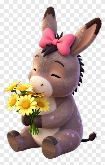 Cartoon Donkey Holding Yellow Flowers PNG