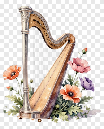Elegant Harp Surrounded By Colorful Flowers PNG