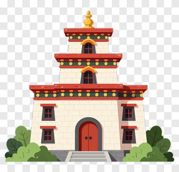 Colorful Pagoda With Green Shrubs PNG