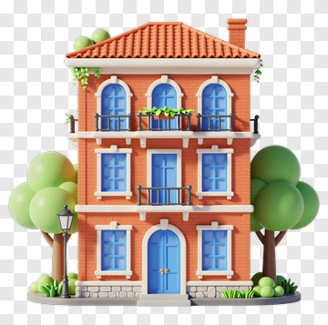 3D House With Blue Doors And Green Trees PNG