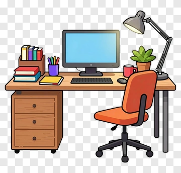 Colorful Desk Setup With Computer And Chair PNG