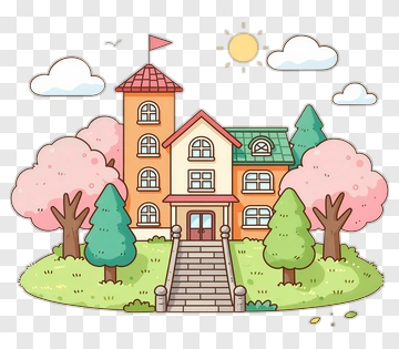 Cartoon School Building Surrounded By Trees And Clouds PNG