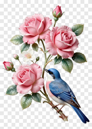 Blue Bird Sitting Among Pink Roses PNG
