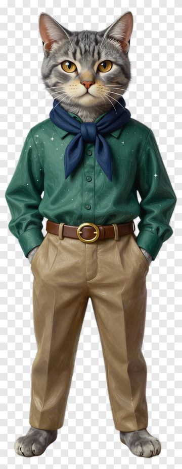 Cat Wearing A Green Shirt And Beige Pants PNG