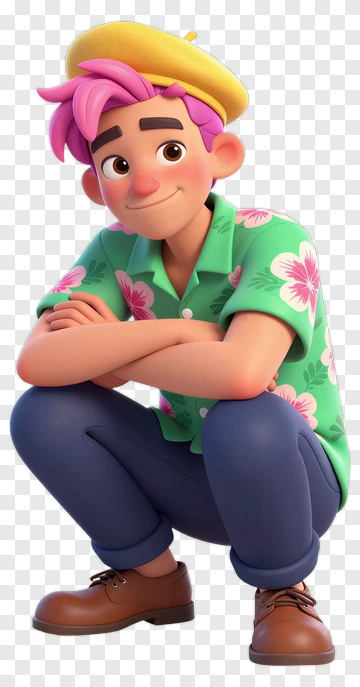 Cartoon Boy Squatting In A Floral Shirt PNG
