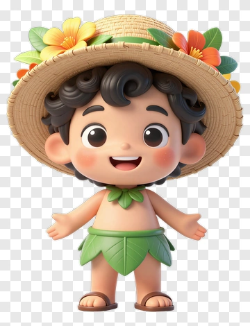 Cartoon Boy In Tropical Outfit With Straw Hat PNG