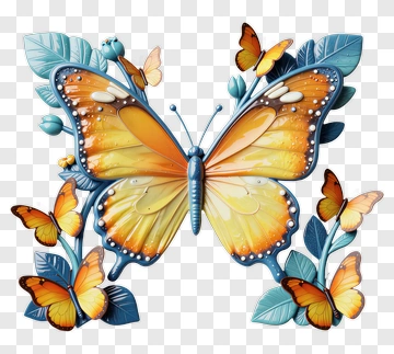 Colorful Butterfly With Leaves And Smaller Butterflies PNG