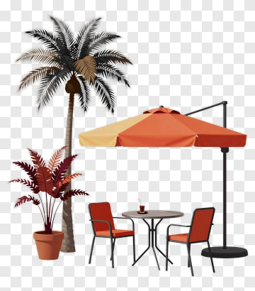 Outdoor Cafe Scene With Umbrella And Plants PNG