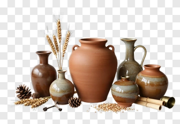 Collection Of Decorative Clay Pots And Wheat PNG