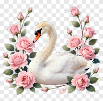 Swan Surrounded By Pink Roses PNG