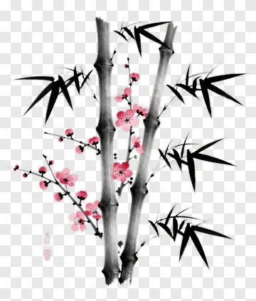 Bamboo And Cherry Blossom Illustration PNG
