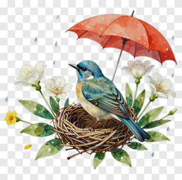 Bird In Nest Under Red Umbrella PNG