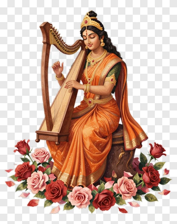 Woman Playing Harp In Traditional Orange Saree PNG