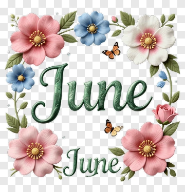 Floral June Typography With Butterflies PNG
