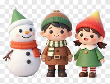 Cartoon Snowman And Children In Winter Attire PNG