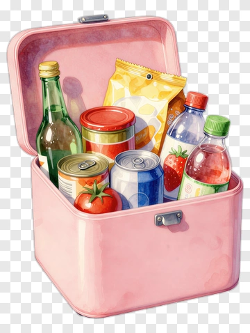Pink Lunchbox Filled With Snacks And Drinks PNG