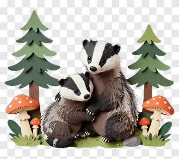 Mother And Baby Badger Surrounded By Trees And Mushrooms PNG