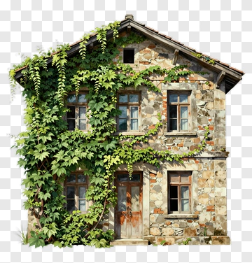 Stone House Covered In Green Vines PNG