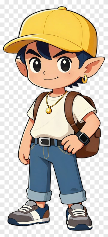 Cartoon Boy Wearing A Yellow Cap And Backpack PNG