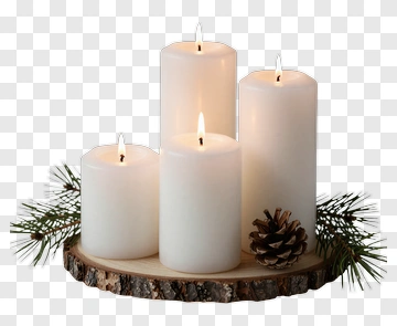 White Candles On Wooden Base With Pinecones PNG