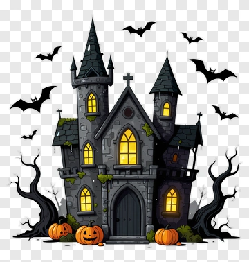 Haunted House With Pumpkins And Bats PNG