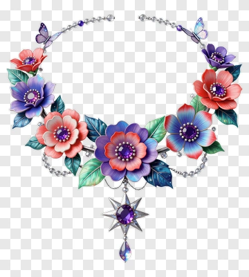 Colorful Floral Necklace With Gemstone Pendant PNG
