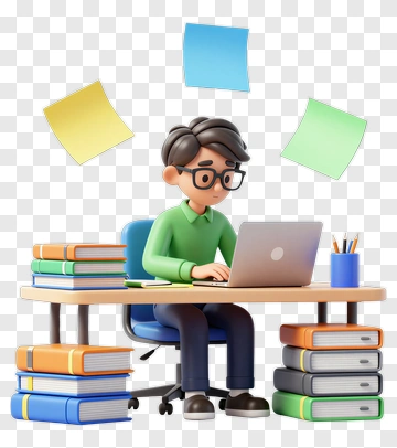 3D Student Working On A Laptop At A Desk PNG