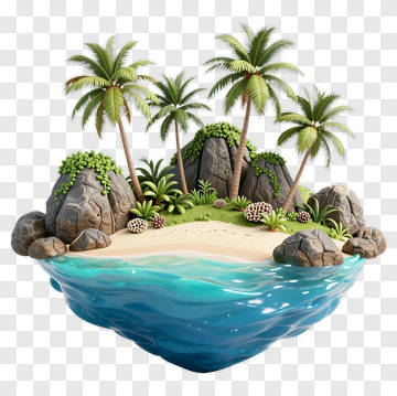 3D Tropical Island With Palm Trees And Rocks PNG